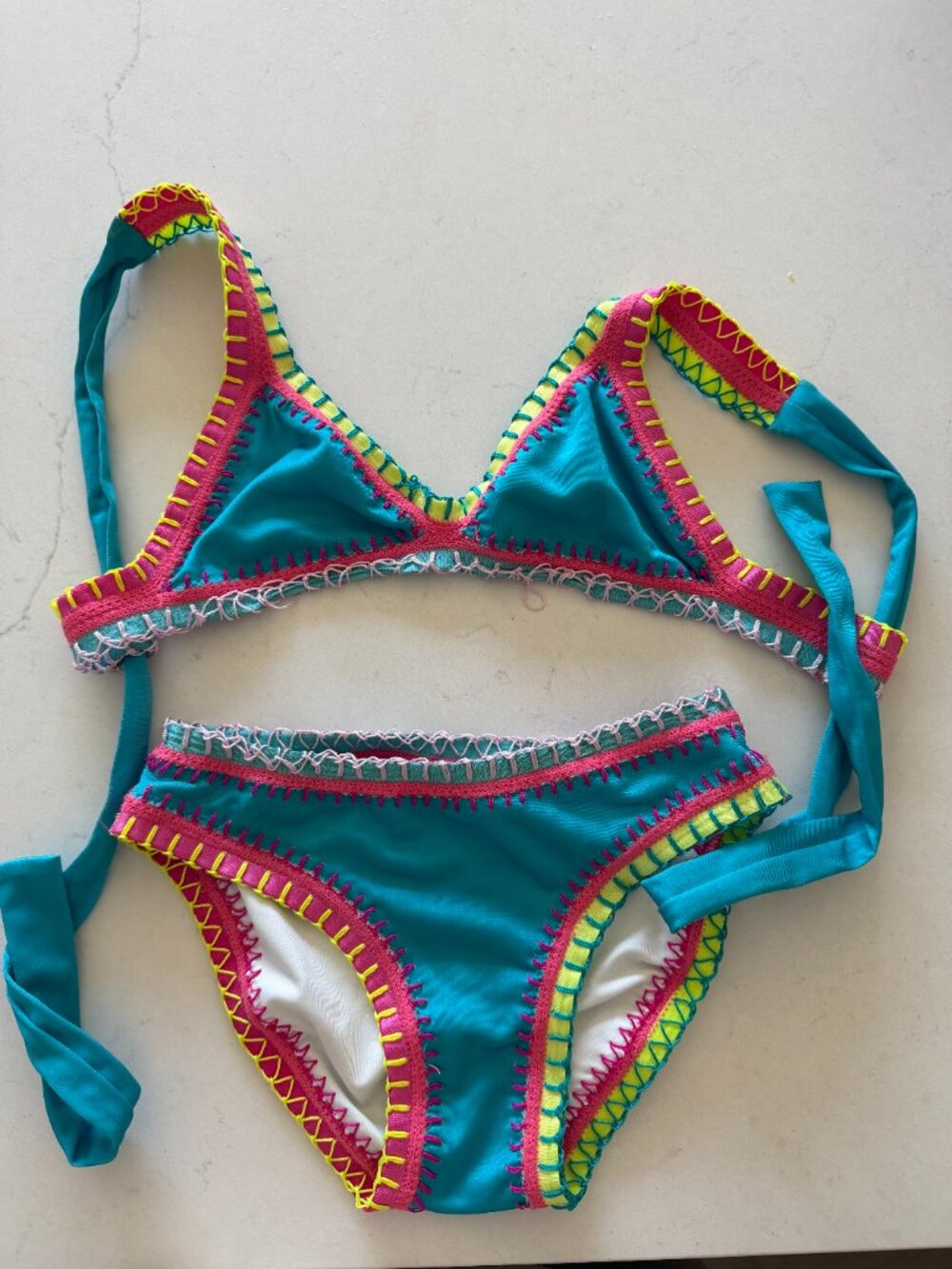 PQ SWIM Kids Turquoise Rainbow Embroidered Bikini SIZE 10